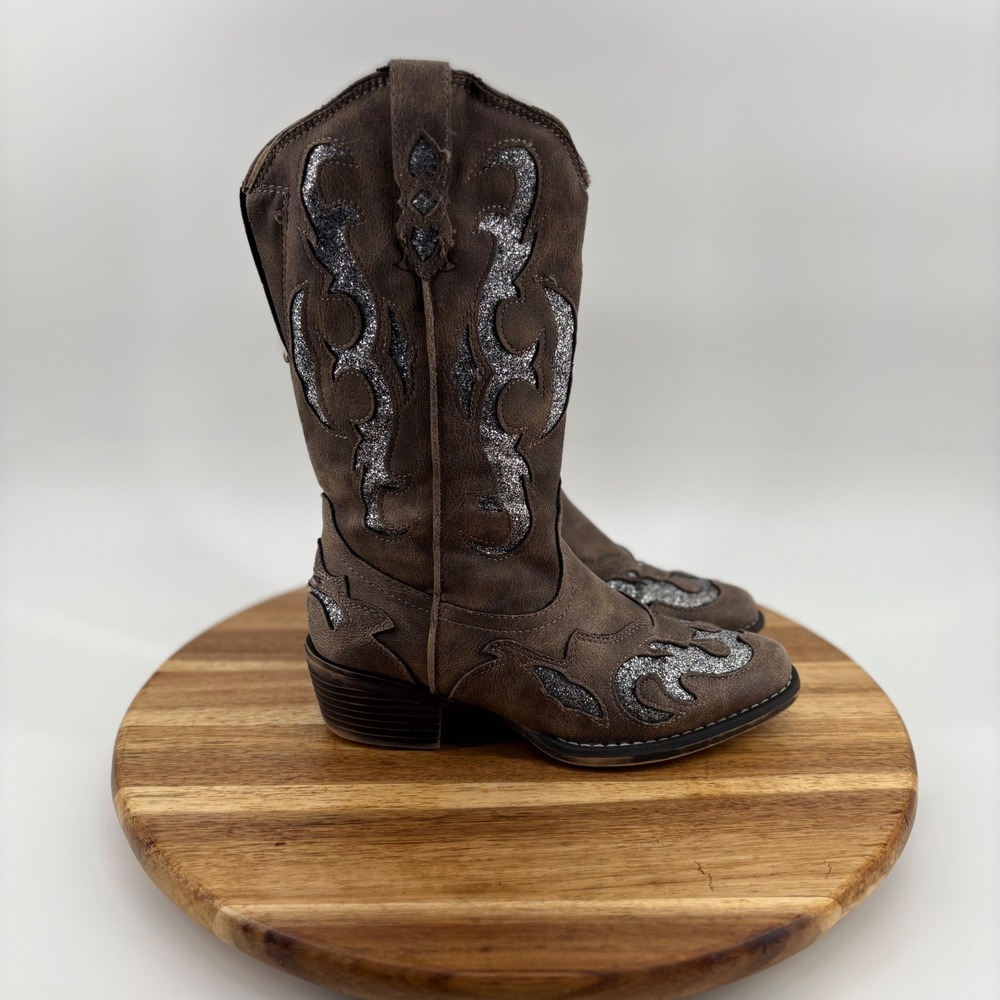Jessica Cline Lansing Girls Brown Glitter‎ Western Cowboy Boots Size 5M